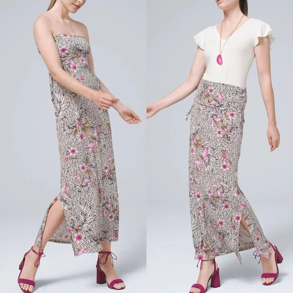 WHBM Strapless Convertible Matte Jersey Dress Maxi Skirt Sunset Floral Animal - Picture 2 of 16